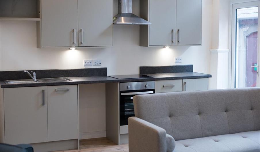 Apartment with Grey kitchen, sofa and armchair.