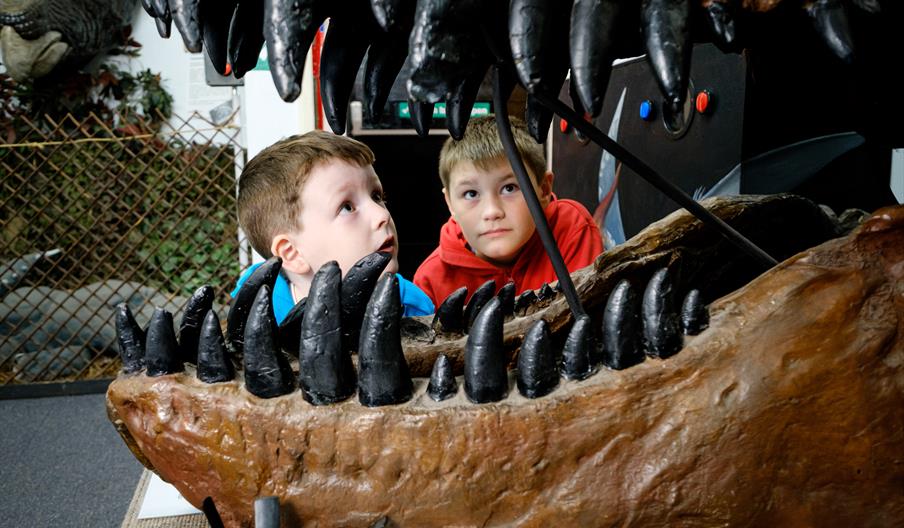 2 young boys on their knees look cautiously up into the open mouth of a lifesize dinosaur mouth.