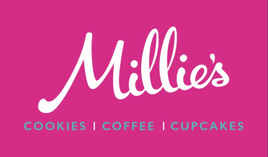 Logo with the word "Millie's" in white cursive font on a pink background, with the words "COOKIES | COFFEE | CUPCAKES" in turquoise capital letters be