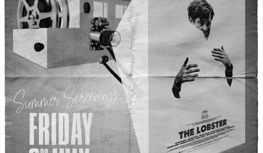 A black-and-white poster advertising a summer screening of "The Lobster" on Friday, 3rd July at The New Adelphi Club, with large text highlighting the