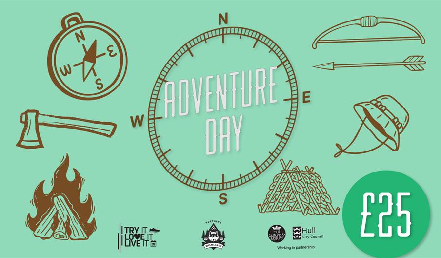 Icons of compasses, campfires, dens and bows & arrows