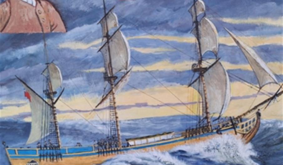 Painting of a wooden sailing ship with three masts navigating choppy seas under a dramatic, cloudy sky at sunset; in the upper left corner, there is a
