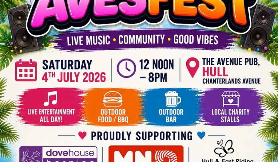 Bright, colourful poster for AVESFEST, a festival on Saturday, July 4th, 2026, from 12 noon to 8 pm at The Avenue Pub in Hull, featuring live music, e