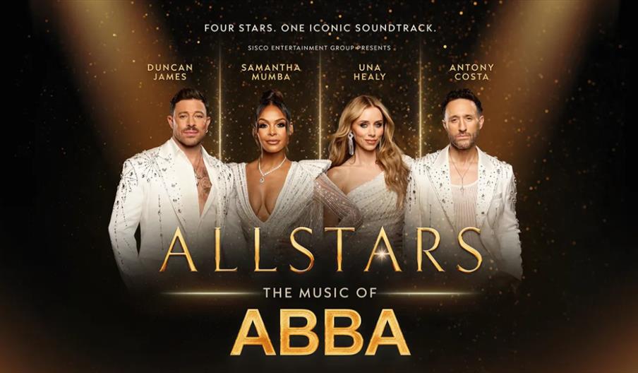 Promotional image featuring four people in glamorous white outfits with gold sparkles, with text above identifying them as Duncan James, Samantha Mumb