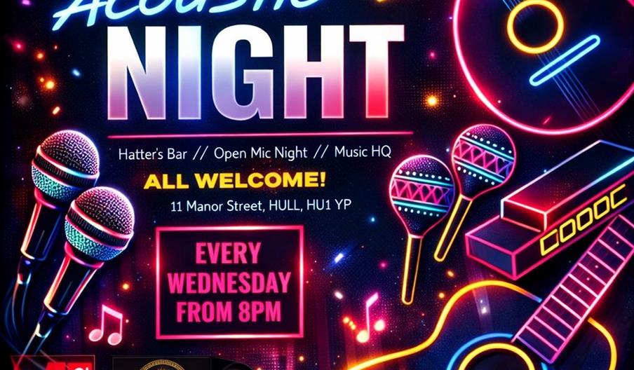 A vibrant neon-themed poster for "Acoustic Night" at Hatters Bar features illustrations of guitars, microphones, and musical notes. Text announces an