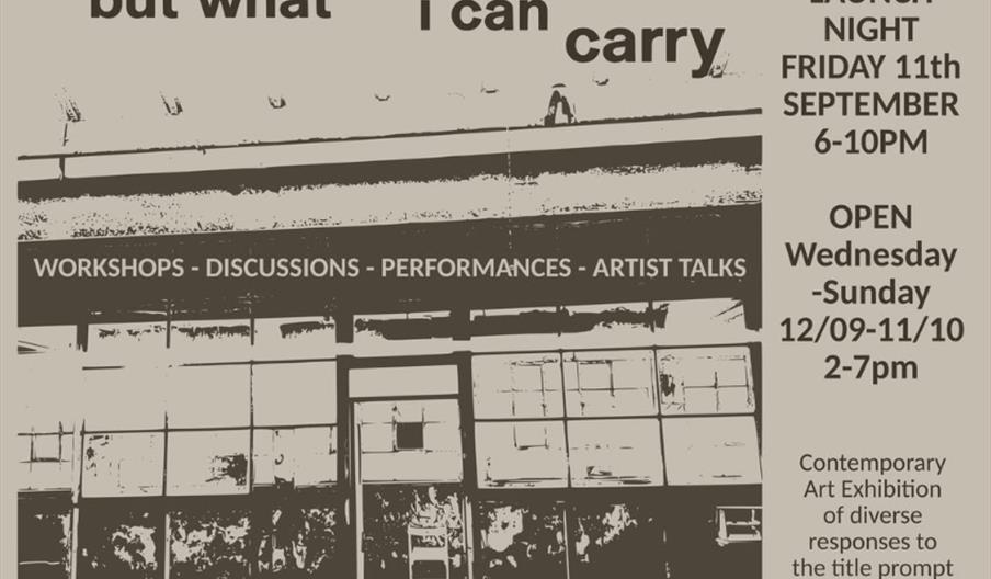 Poster for an art exhibition titled "Adrift with nothing but what i can carry" at HARI, 25 Francis St, featuring a stylized image of a building with a