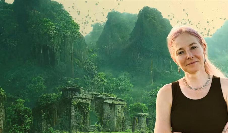 Promotional image for "From Cell to Civilisation" featuring Professor Alice Roberts standing in front of a lush, green, ancient ruin with mountainous