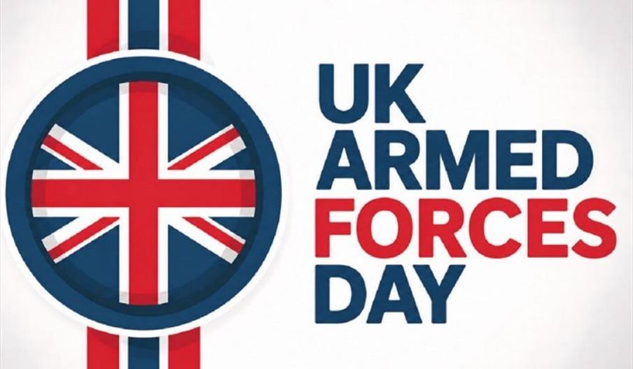 A circular Union Jack emblem is shown on the left, with bold text on the right reading "UK Armed Forces Day"; "FORCES" appears in red while the other