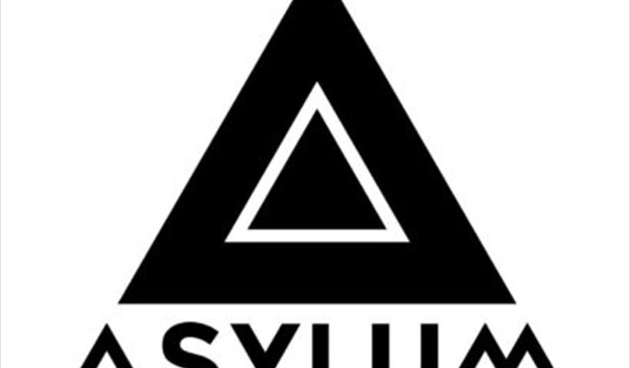 A black logo with a large triangle containing a smaller, outlined triangle inside it, positioned above the word "ASYLUM" in bold, stylized letters, wh