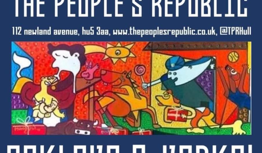 An event poster for The People's Republic features vibrant, abstract artwork of animals and people in a playful scene, with text advertising "Baklava