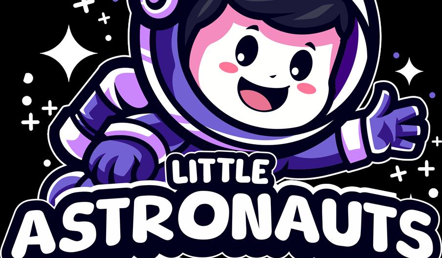 A cartoon of a smiling astronaut in purple spacegear floats behind text reading 'Little Astronauts'