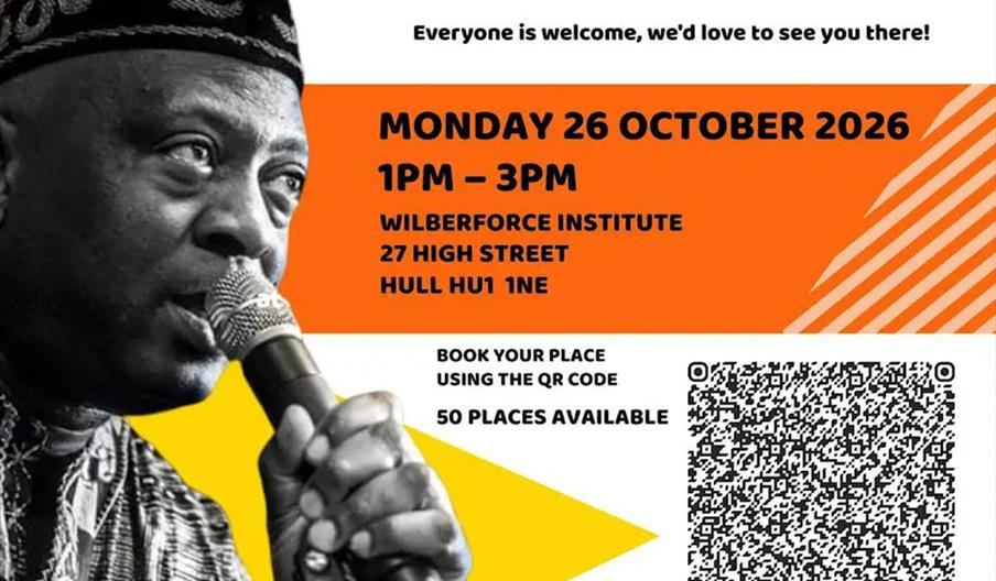 Poster for Black History Month 2026 featuring a black-and-white photo of a man in patterned attire speaking into a microphone. Details include the eve