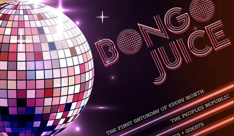 A shiny disco ball and neon geometric lines on a dark background with the event title "Bongo Juice" in large stylized letters. Additional text reads "