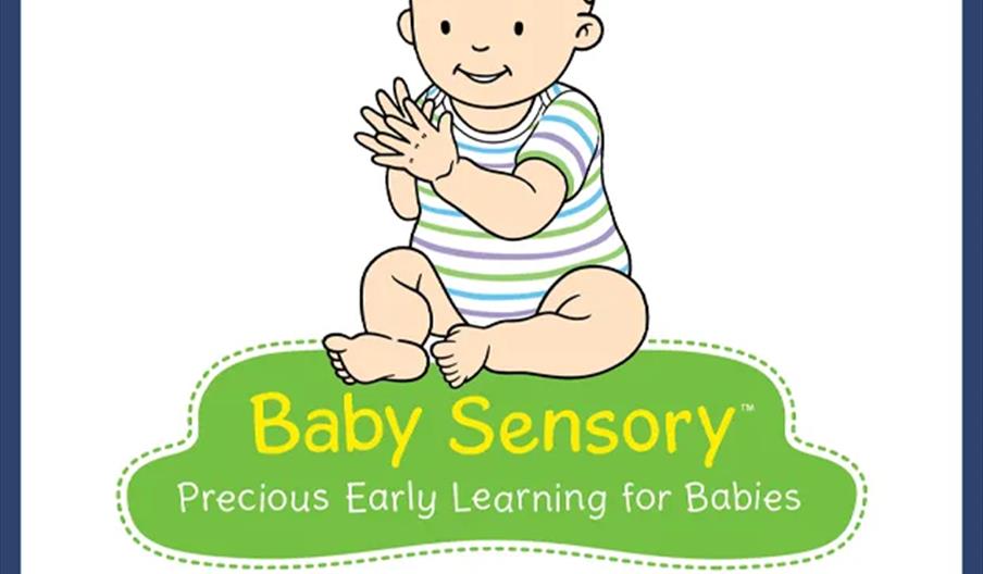 Illustration of a smiling baby in a striped onesie sitting and clapping, with text that reads: "Baby Sensory. Precious Early Learning for Babies. Wedn