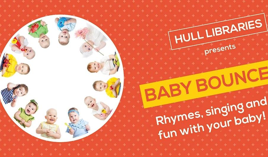 A promotional image for "Baby Bounce" by Hull Libraries features a circle of smiling babies holding toys on a white background, with bold text announc