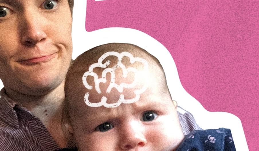 A person and a baby are shown against a pink background, both with playful, slightly confused facial expressions. A white cartoon drawing of a brain i