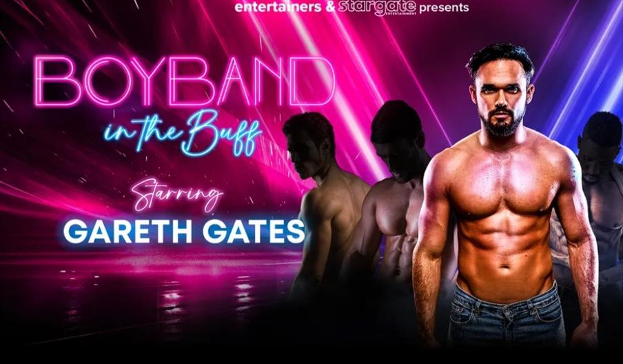 Promotional poster for "Boyband in the Buff" featuring a shirtless, muscular man in jeans at the center, with four other shirtless men in the backgrou