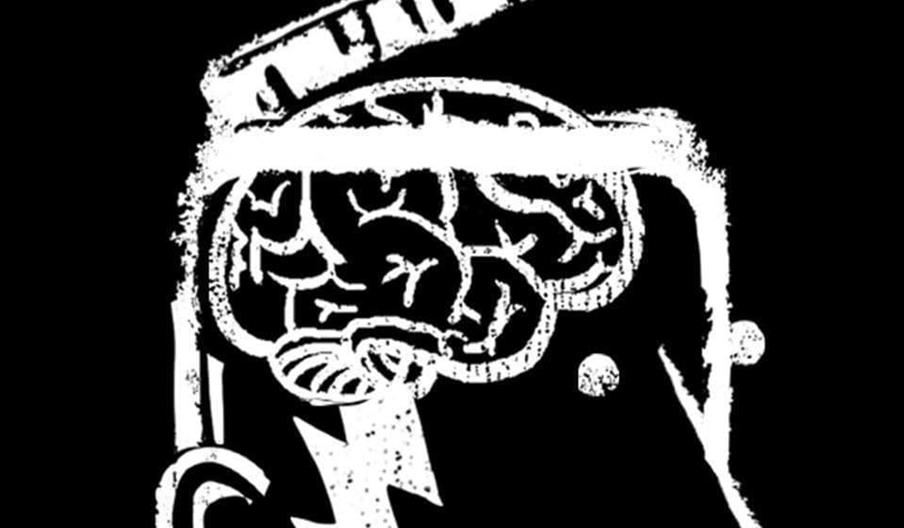 Black and white illustration of a human head in profile with the top of the skull hinged open like a lid, revealing a brain inside and a lightning bol