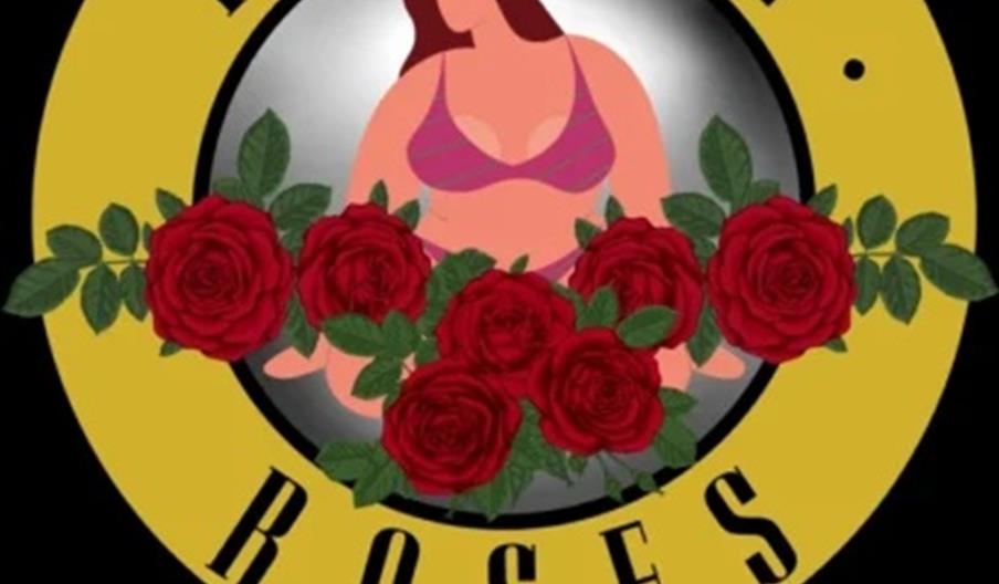 Logo featuring a woman in a bra surrounded by red roses, set inside a yellow ring with the text "BRAS N ROSES," and below it the caption "All Female G