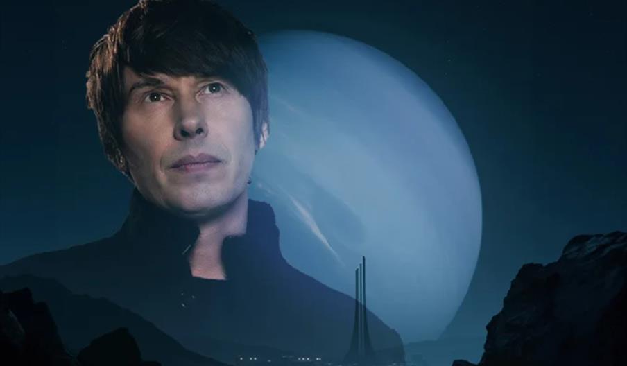 Brian Cox gazes thoughtfully upward, his large, semi-transparent portrait blended into a nighttime alien landscape with rocky terrain, two small human