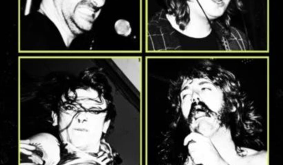 A promotional poster for Bruise Control's UK tour and EP release, featuring four black-and-white close-up photos of the band members arranged in a gri