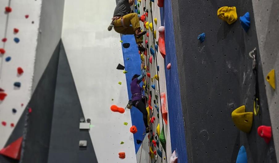 Two people climb a large multicoloured climbing wall with harnesses and pulleys attached.