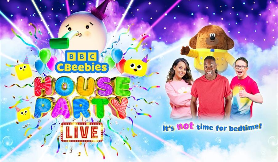 Colorful promotional image for "BBC CBeebies House Party Live" featuring festive animated characters, confetti, balloons, and three smiling presenters