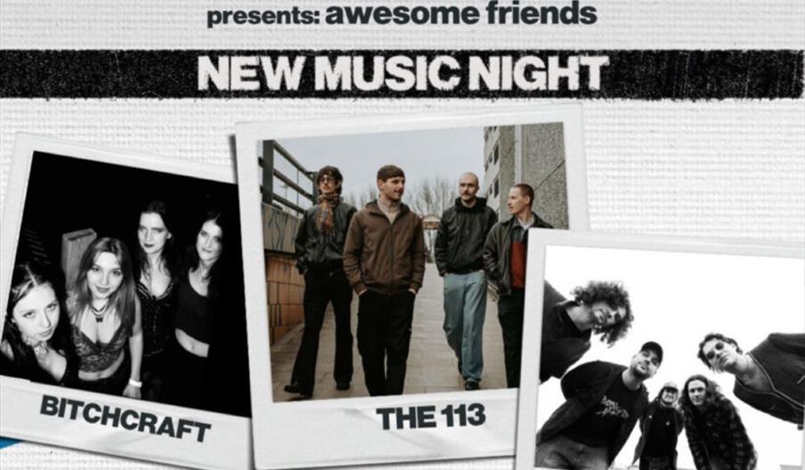 Promotional poster for a music event featuring Chris Hawkins (BBC 6 Music), showcasing three bands: Bitchcraft, The 113, and Rothco, with photos of ea