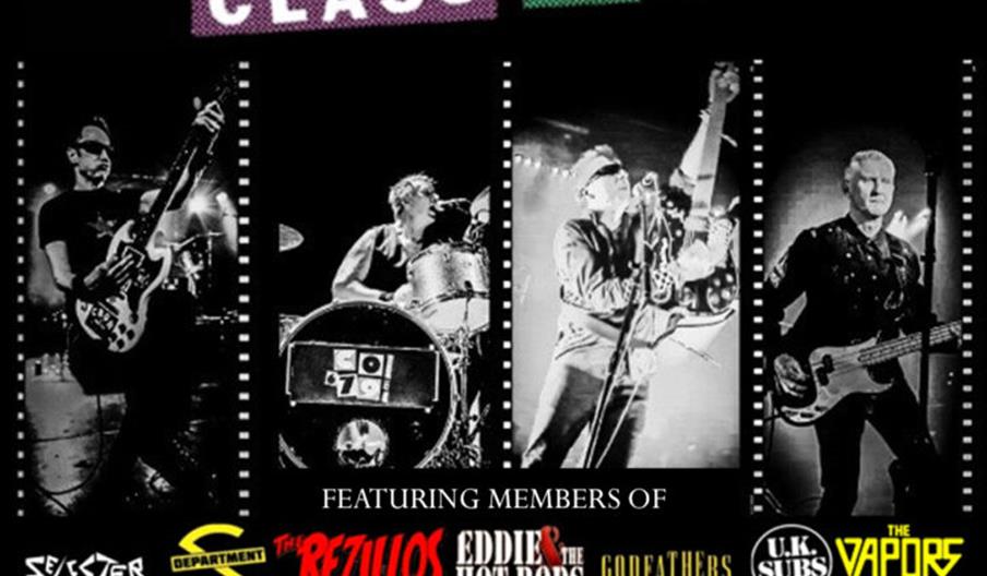 Concert poster for "Class of '79," featuring band members playing guitars and drums in black and white photos. The event is on Friday, April 10th, 202