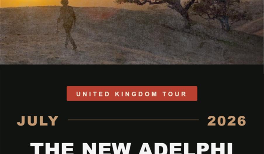 Concert poster for Chris Murphy's "Songs From The Trees" United Kingdom tour, showing a person walking with a violin at sunset near trees. The poster