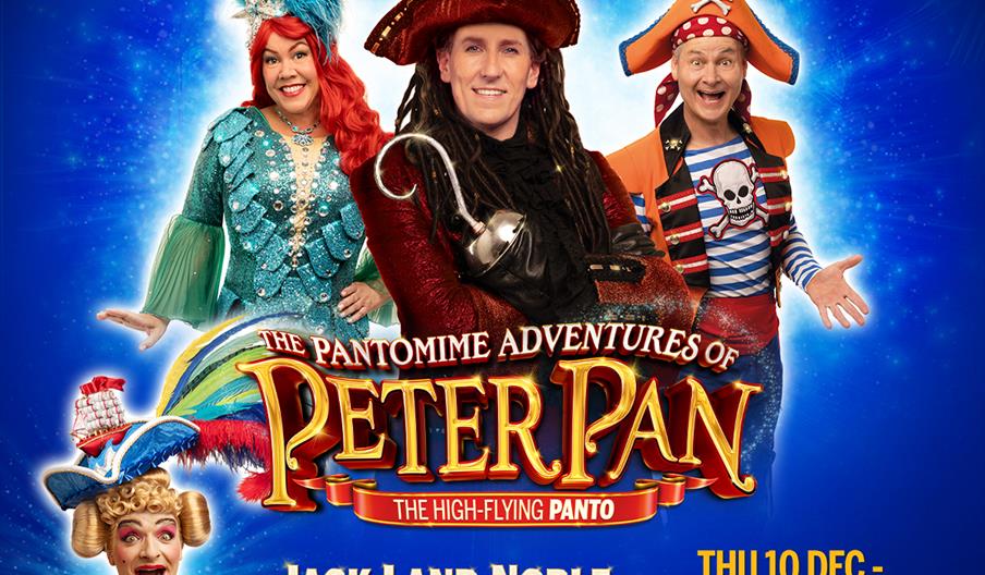 Promotional poster for "The Pantomime Adventures of Peter Pan" at Hull New Theatre, featuring four costumed performers with names Brendan Cole, Jennie