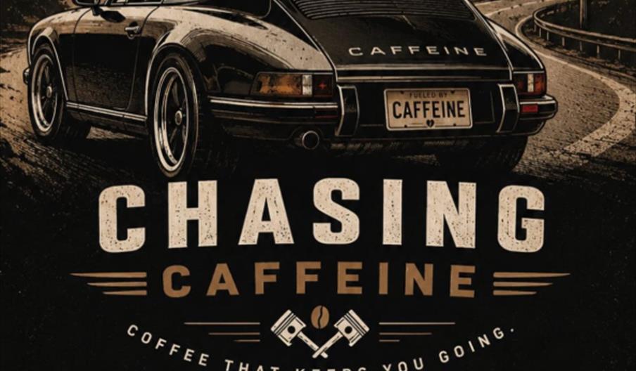 Illustration of a vintage sports car driving on a mountain road, with a license plate reading "Fueled by Caffeine" and the word "CAFFEINE" on the back