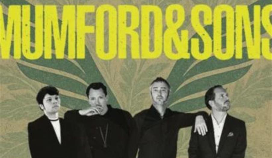 A promotional poster features four men in suits standing in a row with stylized wings behind them. Large text above them reads "Chasing Mumford—Europe