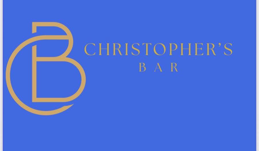 Logo for Christopher's Bar featuring a stylized gold "CB" on the left and the text "CHRISTOPHER'S BAR" in gold on a bright blue background.