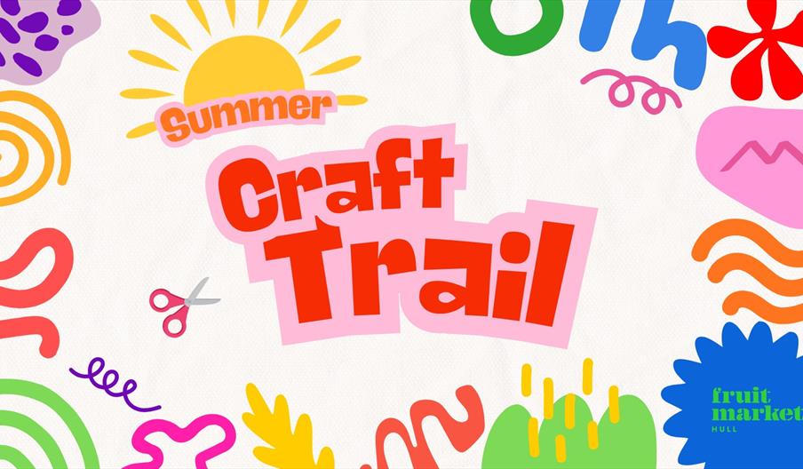 Colorful graphic with the words "Summer Craft Trail" in large, bold, red and pink letters, surrounded by playful shapes like suns, scissors, squiggles