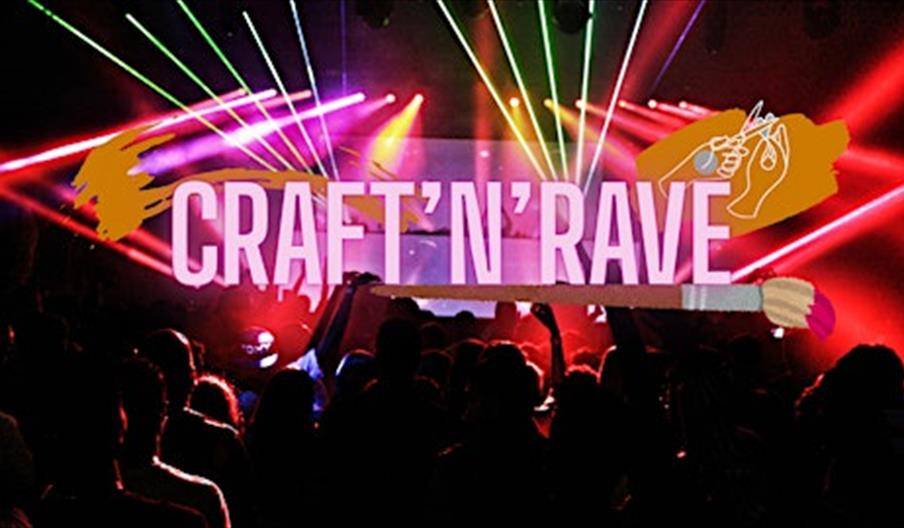 A crowd of people dances in a dark venue with colorful laser lights overhead, while large text in the center reads "CRAFT 'N' RAVE" with graphic eleme