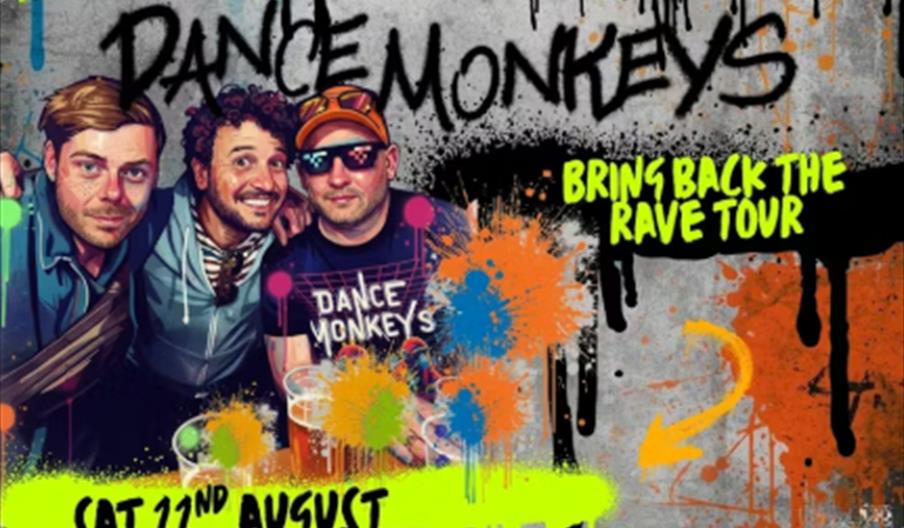 Colorful promotional poster featuring three men posing together, advertising the "Dance Monkeys" Bring Back the Rave Tour at Rio Music Bar Dance, with
