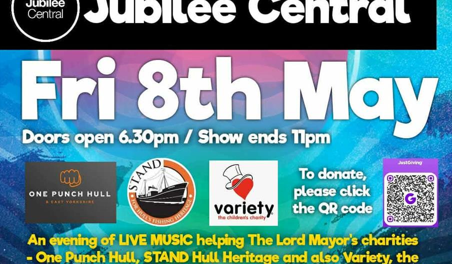 Promotional poster for "Daz's Rock 4 Charity" concert at Jubilee Central on Friday, 8th May, with doors opening at 6:30pm and show ending at 11pm. The