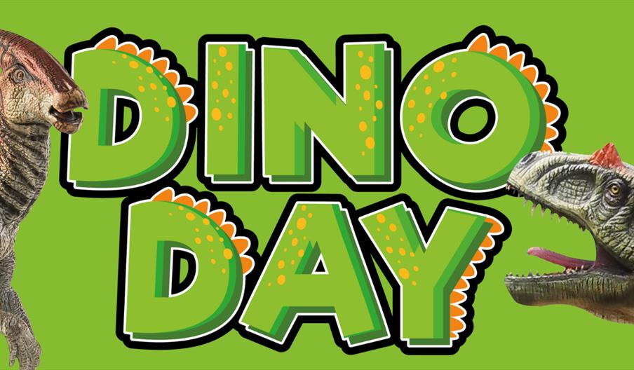 An image with the words "DINO DAY" in large, bold, green letters surrounded by orange and white spikes, set on a bright green background, with a paras