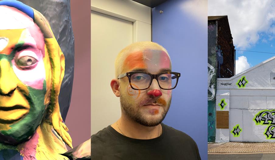 A triptych of images: on the left, a multicolored abstract face sculpture; in the center, a man with light hair, glasses, and colorful clown makeup on