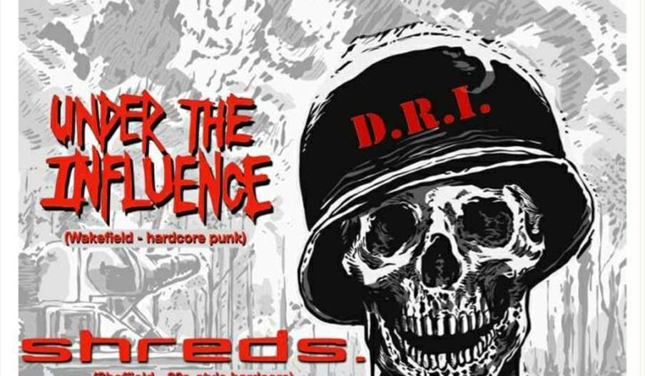 Poster for a punk concert featuring Dirty Rotten Imbeciles, Under the Influence, and Shreds on July 14, 2026, in Hull, with a black-and-white drawing