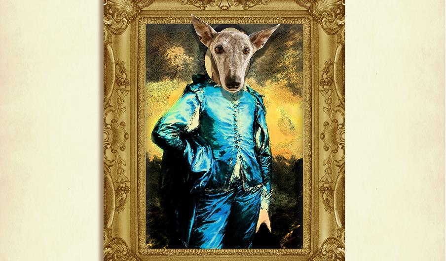 A portrait of a historical figure with the face of a dog, accompanied by the words 'Dog Day: Turn your Dog into a Work of Art, you will recieve a down