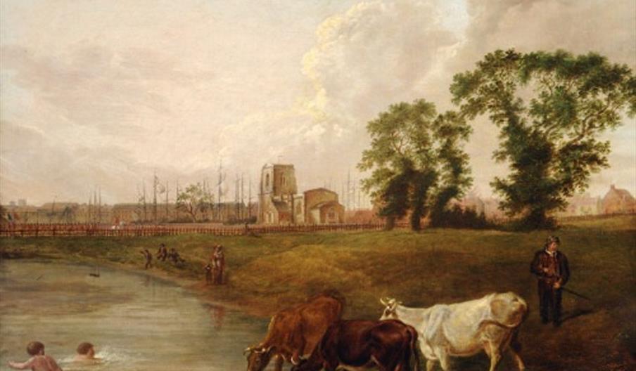 A pastoral scene shows three cows drinking from a pond while a man stands nearby; two children are swimming in the water, and more people and a church