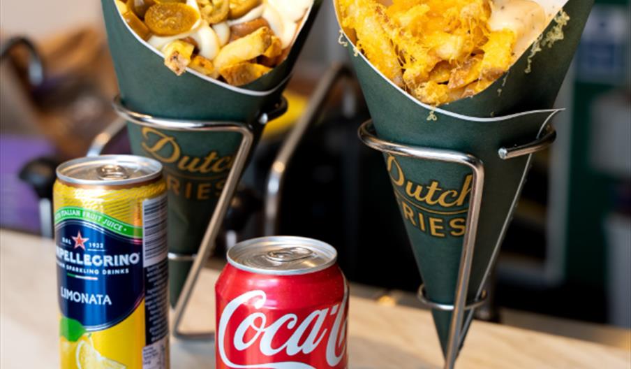 Two servings of Dutch fries in cone-shaped holders sit on a counter, one topped with mayonnaise, fried onions, and jalapeños, and the other topped wit