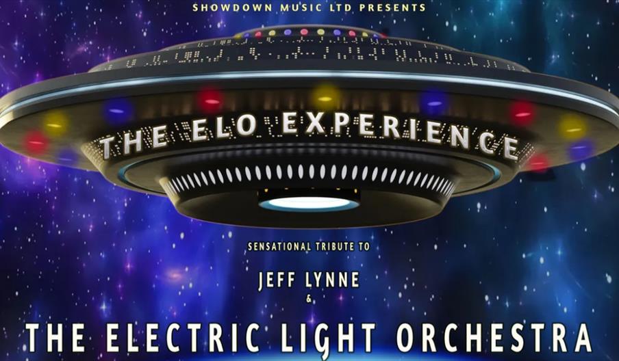 A colorful UFO with lit windows and the words "THE ELO EXPERIENCE" hovers in a star-filled space background, promoting a sensational tribute to Jeff L