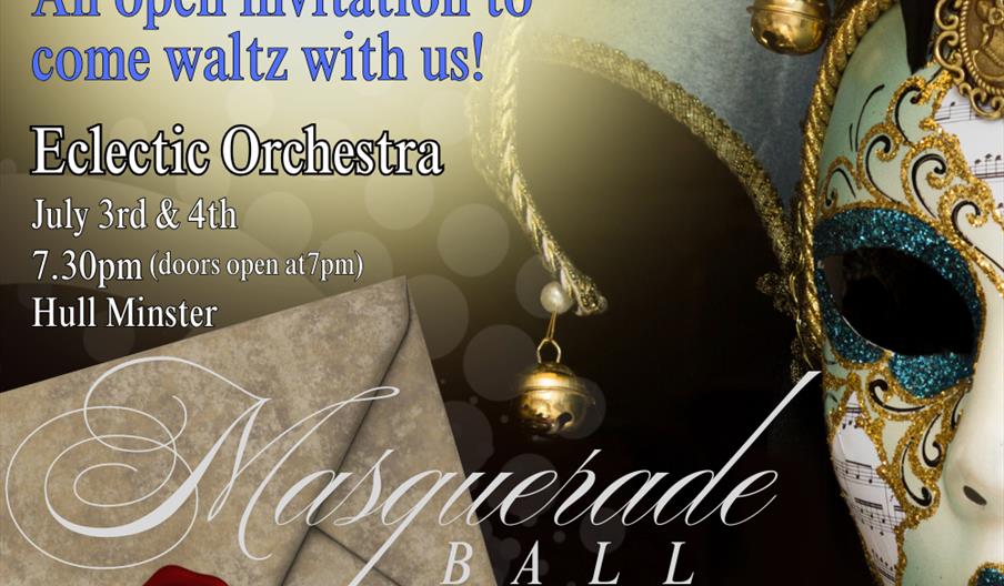 A promotional image for "Eclectic Orchestra Masquerade Ball" featuring an ornate Venetian mask on the right, an invitation envelope with a red wax sea