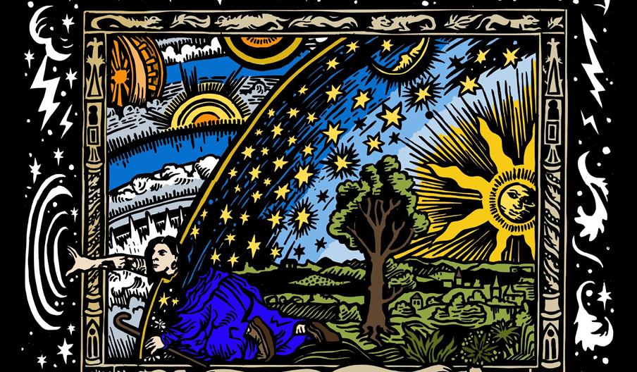 A poster for Andrew O'Neill's show 'Escape' feautring a black and white stylized background, and a colourful archaic styled image depicting a man reac