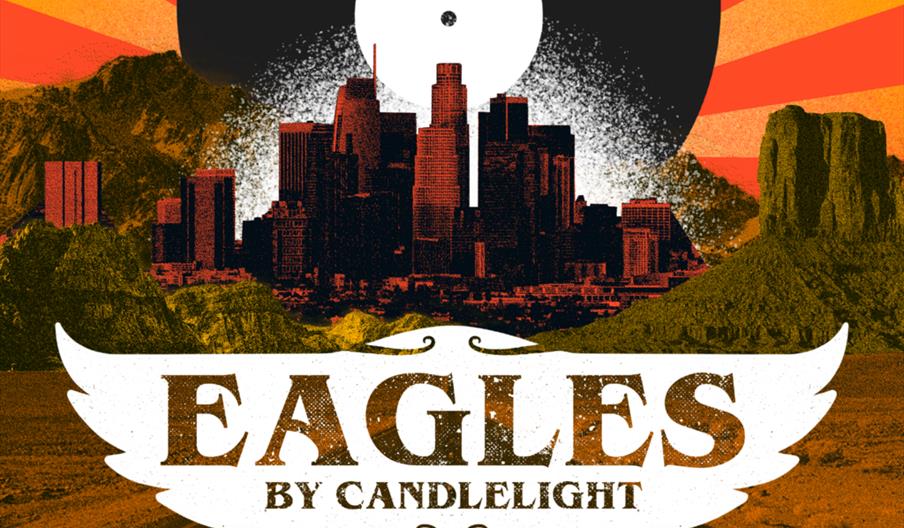 A graphic poster features a city skyline with a large black vinyl record and orange sun rays in the background, flanked by desert cliffs. The text rea