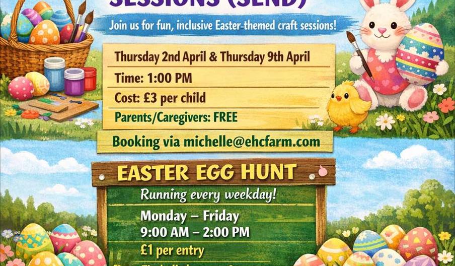 Colourful illustrated poster for East Hull Community Farm's Easter events, featuring a bunny holding an Easter egg, decorated eggs, paint supplies, ev