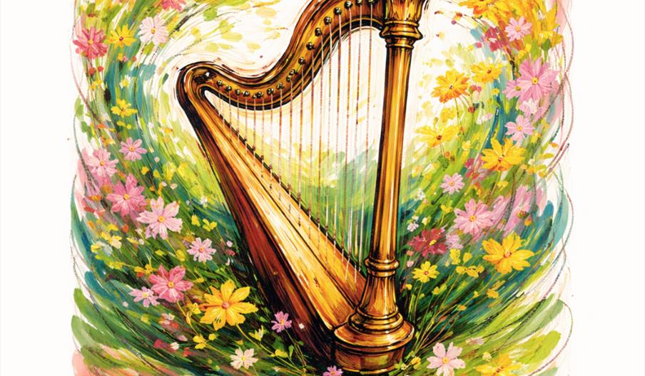 Illustration of a golden harp surrounded by colorful flowers and green foliage, with the name "Eira Lynn Jones" at the top and the event date and time